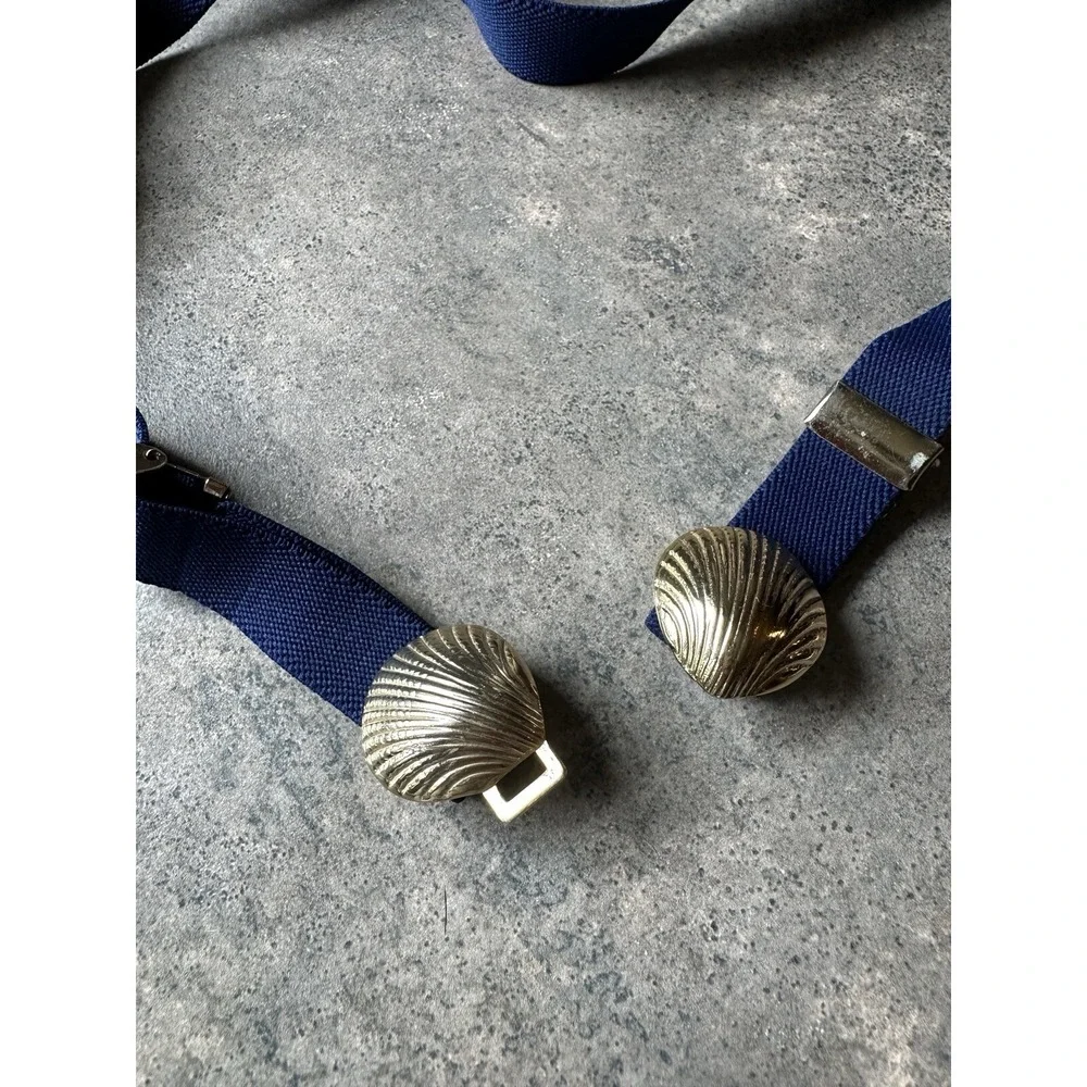 VIntage 80's Elastic Stretch Waist Belt Metal SeaShell Buckle Navy Nautical‎